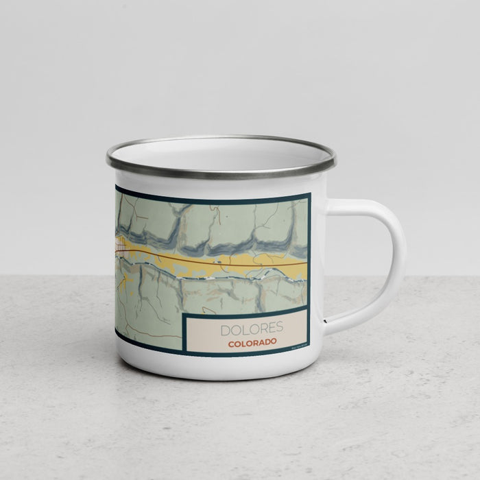 Right View Custom Dolores Colorado Map Enamel Mug in Woodblock