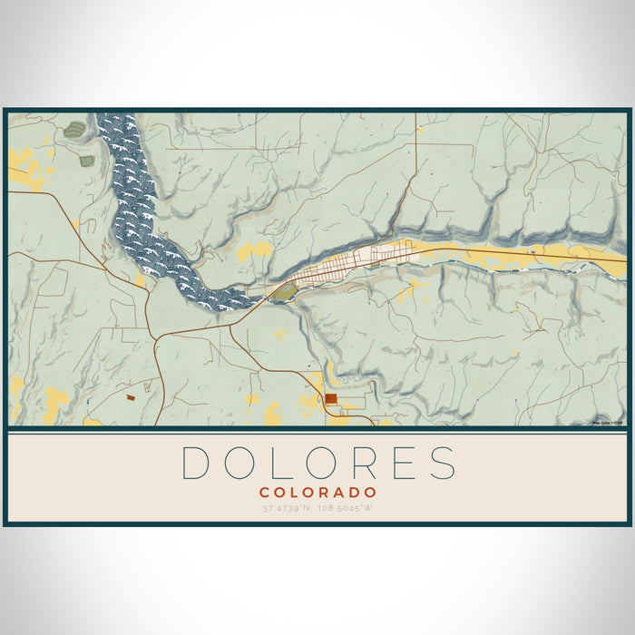 Dolores Colorado Map Print Landscape Orientation in Woodblock Style With Shaded Background