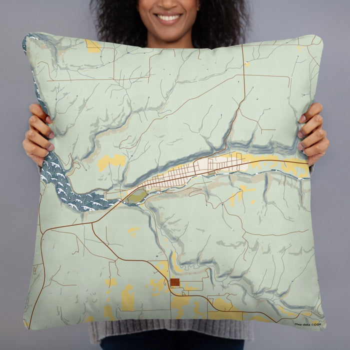 Person holding 22x22 Custom Dolores Colorado Map Throw Pillow in Woodblock