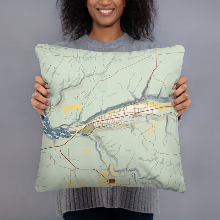 Person holding 18x18 Custom Dolores Colorado Map Throw Pillow in Woodblock