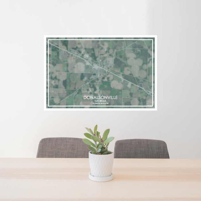 24x36 Donalsonville Georgia Map Print Lanscape Orientation in Afternoon Style Behind 2 Chairs Table and Potted Plant