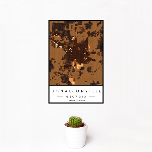 12x18 Donalsonville Georgia Map Print Portrait Orientation in Ember Style With Small Cactus Plant in White Planter