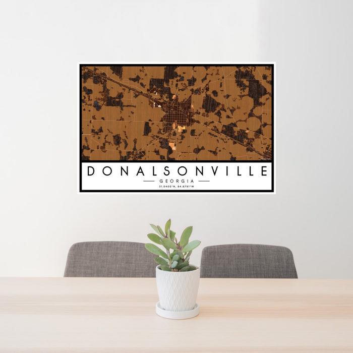 24x36 Donalsonville Georgia Map Print Landscape Orientation in Ember Style Behind 2 Chairs Table and Potted Plant