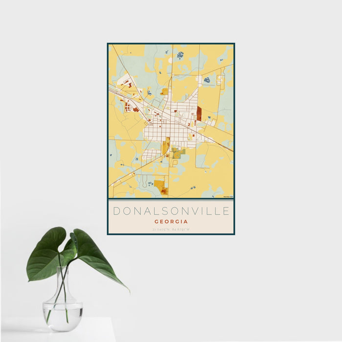 16x24 Donalsonville Georgia Map Print Portrait Orientation in Woodblock Style With Tropical Plant Leaves in Water