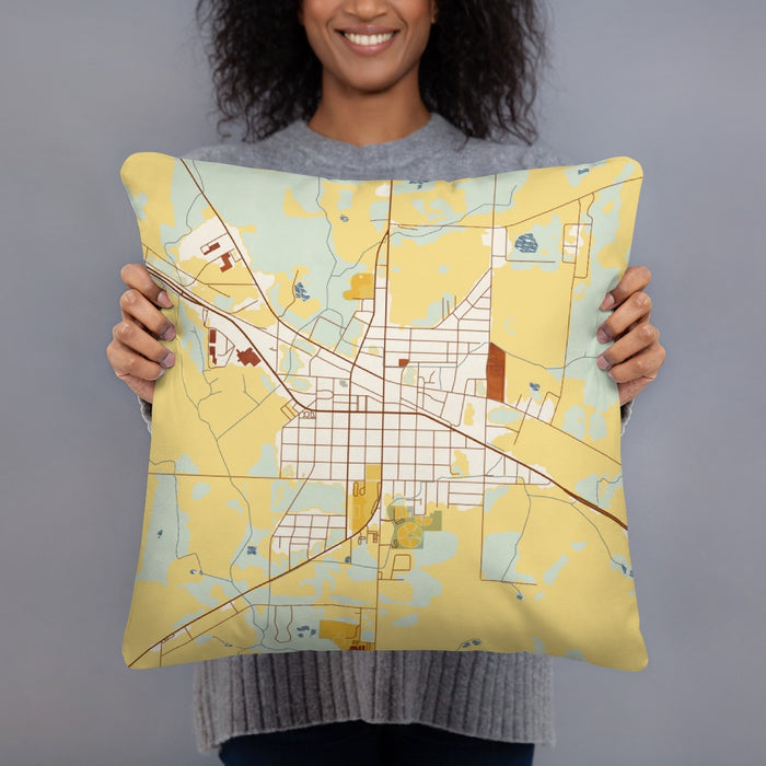 Person holding 18x18 Custom Donalsonville Georgia Map Throw Pillow in Woodblock