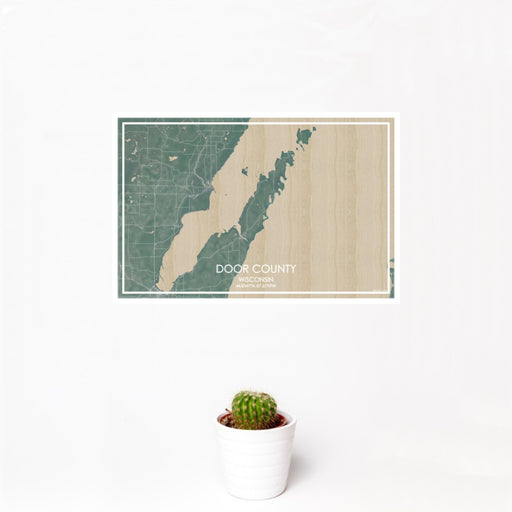 12x18 Door County Wisconsin Map Print Landscape Orientation in Afternoon Style With Small Cactus Plant in White Planter