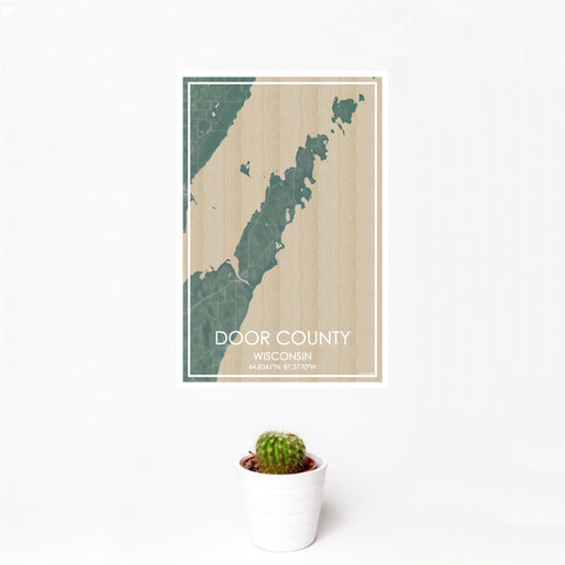 12x18 Door County Wisconsin Map Print Portrait Orientation in Afternoon Style With Small Cactus Plant in White Planter