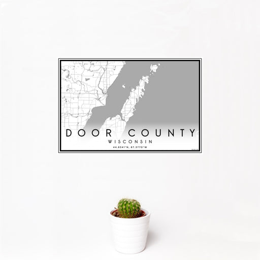 12x18 Door County Wisconsin Map Print Landscape Orientation in Classic Style With Small Cactus Plant in White Planter