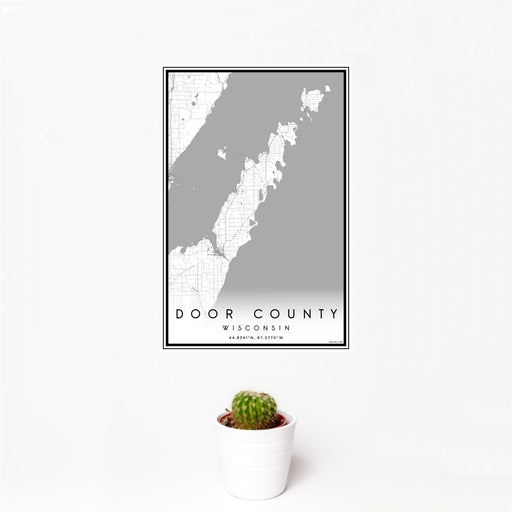 12x18 Door County Wisconsin Map Print Portrait Orientation in Classic Style With Small Cactus Plant in White Planter