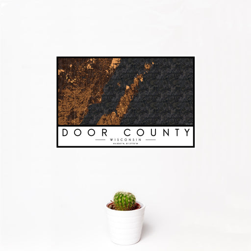 12x18 Door County Wisconsin Map Print Landscape Orientation in Ember Style With Small Cactus Plant in White Planter