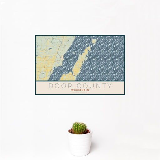 12x18 Door County Wisconsin Map Print Landscape Orientation in Woodblock Style With Small Cactus Plant in White Planter