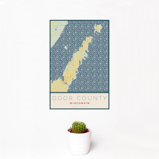 12x18 Door County Wisconsin Map Print Portrait Orientation in Woodblock Style With Small Cactus Plant in White Planter