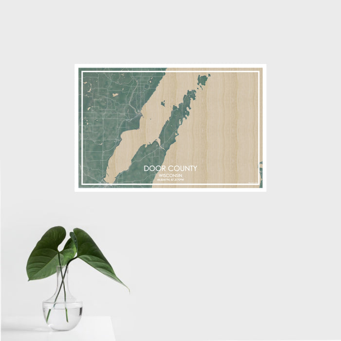 16x24 Door County Wisconsin Map Print Landscape Orientation in Afternoon Style With Tropical Plant Leaves in Water