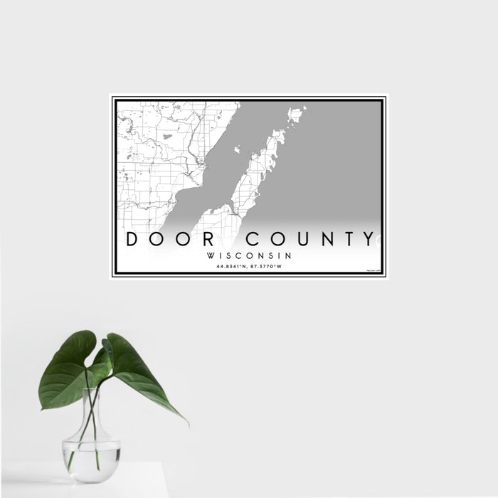 16x24 Door County Wisconsin Map Print Landscape Orientation in Classic Style With Tropical Plant Leaves in Water