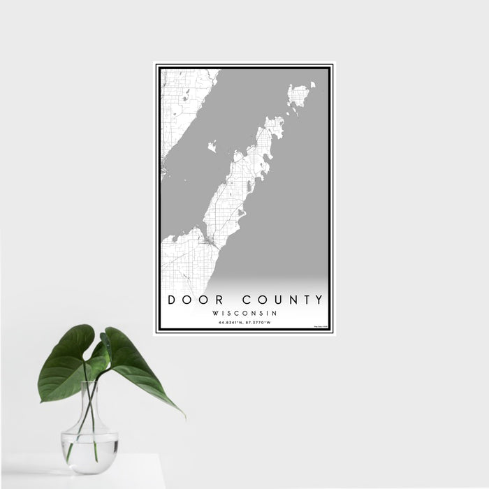 16x24 Door County Wisconsin Map Print Portrait Orientation in Classic Style With Tropical Plant Leaves in Water
