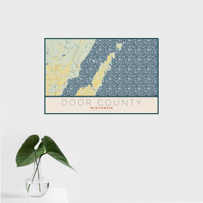 16x24 Door County Wisconsin Map Print Landscape Orientation in Woodblock Style With Tropical Plant Leaves in Water