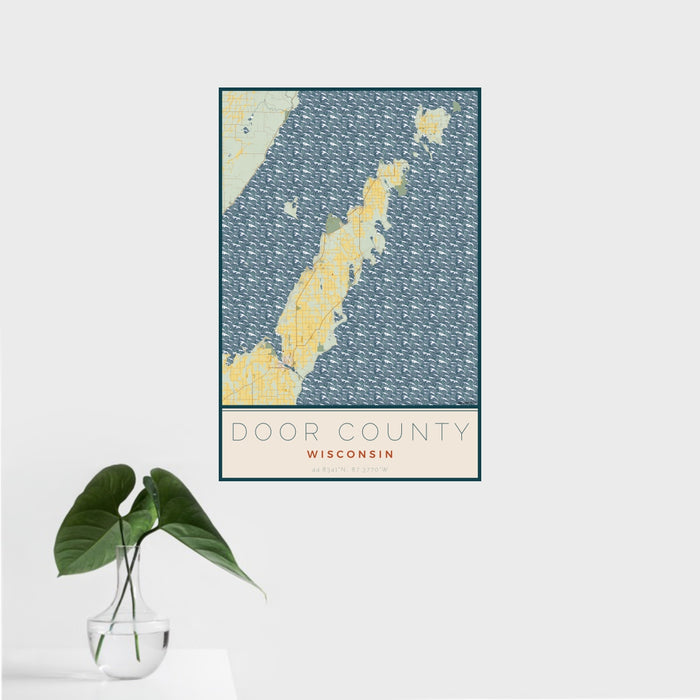 16x24 Door County Wisconsin Map Print Portrait Orientation in Woodblock Style With Tropical Plant Leaves in Water
