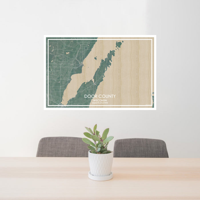 24x36 Door County Wisconsin Map Print Lanscape Orientation in Afternoon Style Behind 2 Chairs Table and Potted Plant