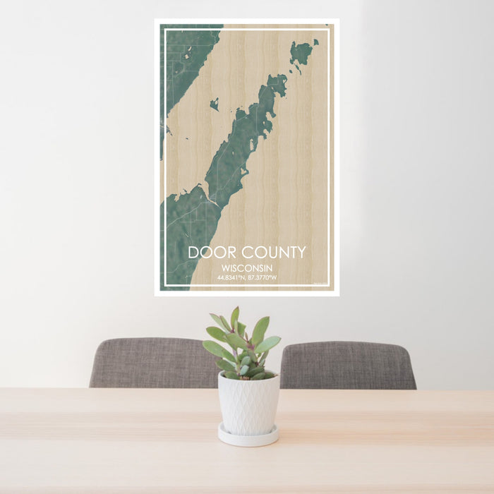 24x36 Door County Wisconsin Map Print Portrait Orientation in Afternoon Style Behind 2 Chairs Table and Potted Plant