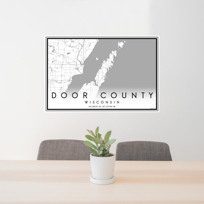 24x36 Door County Wisconsin Map Print Lanscape Orientation in Classic Style Behind 2 Chairs Table and Potted Plant