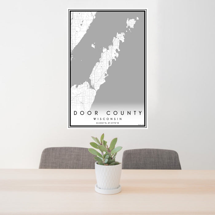 24x36 Door County Wisconsin Map Print Portrait Orientation in Classic Style Behind 2 Chairs Table and Potted Plant