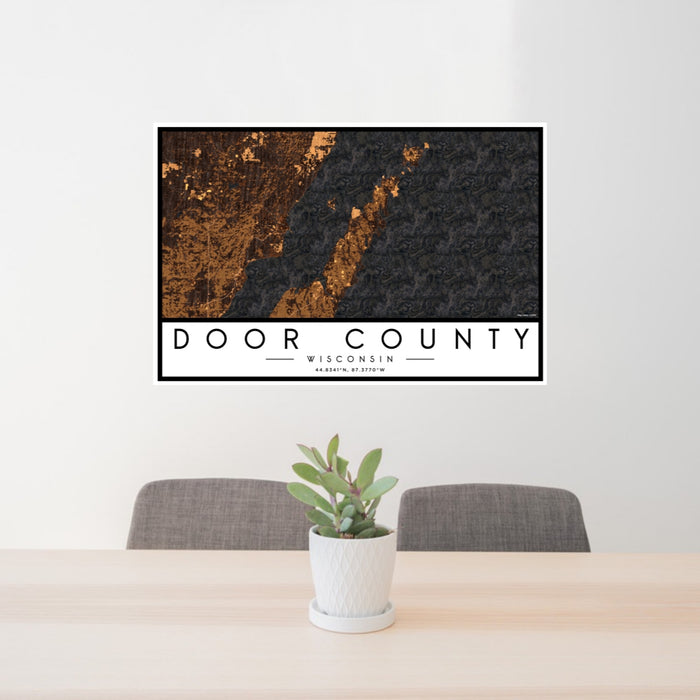 24x36 Door County Wisconsin Map Print Lanscape Orientation in Ember Style Behind 2 Chairs Table and Potted Plant