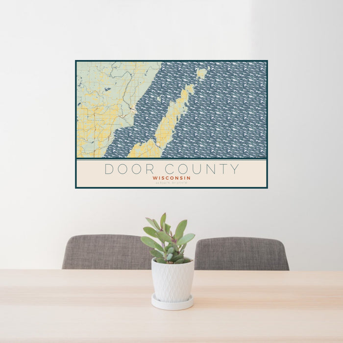24x36 Door County Wisconsin Map Print Lanscape Orientation in Woodblock Style Behind 2 Chairs Table and Potted Plant