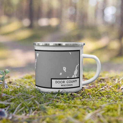 Right View Custom Door County Wisconsin Map Enamel Mug in Classic on Grass With Trees in Background
