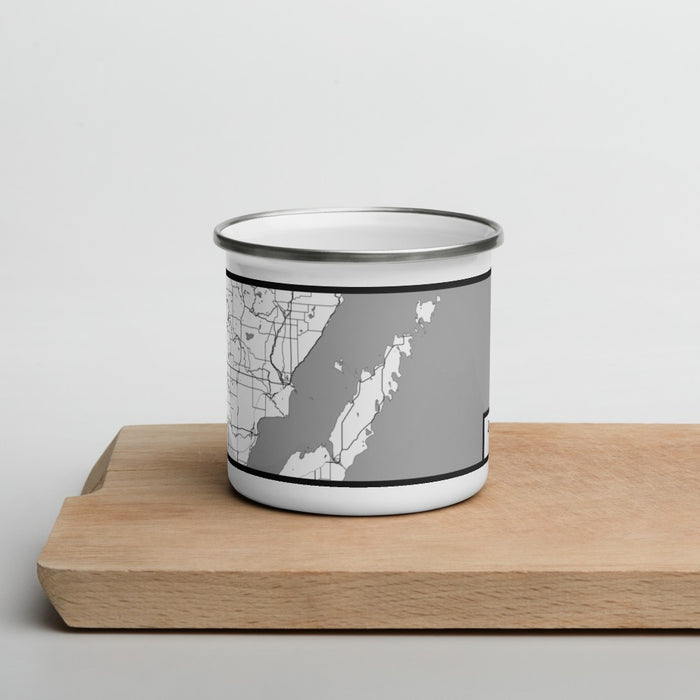 Front View Custom Door County Wisconsin Map Enamel Mug in Classic on Cutting Board