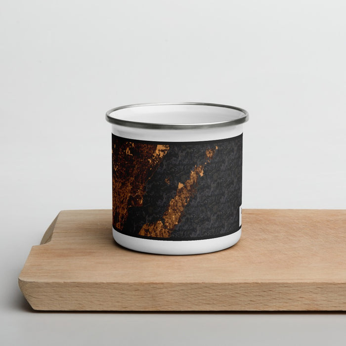 Front View Custom Door County Wisconsin Map Enamel Mug in Ember on Cutting Board