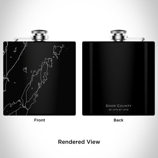 Rendered View of Door County Wisconsin Map Engraving on 6oz Stainless Steel Flask in Black