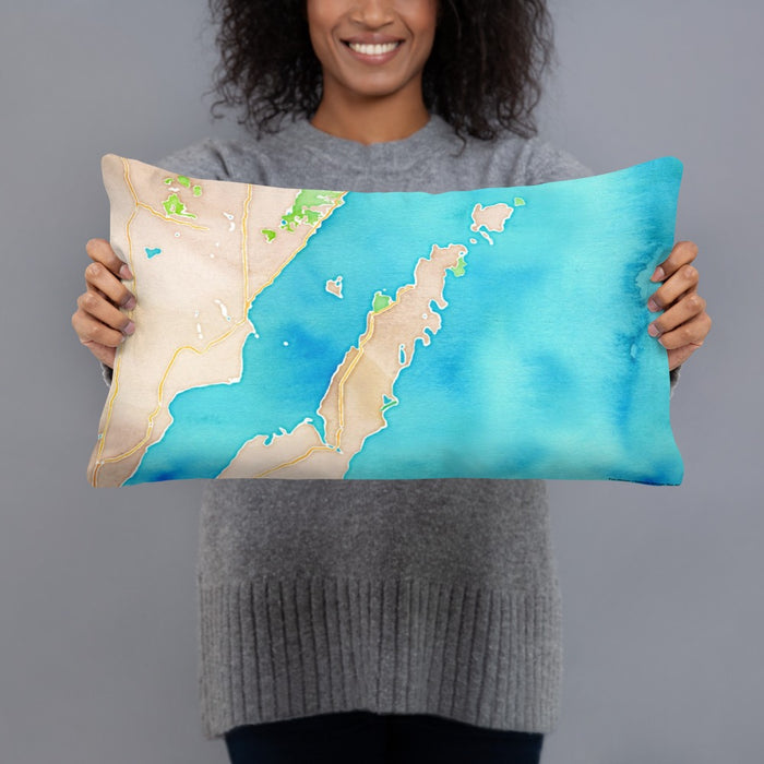 Person holding 20x12 Custom Door County Wisconsin Map Throw Pillow in Watercolor