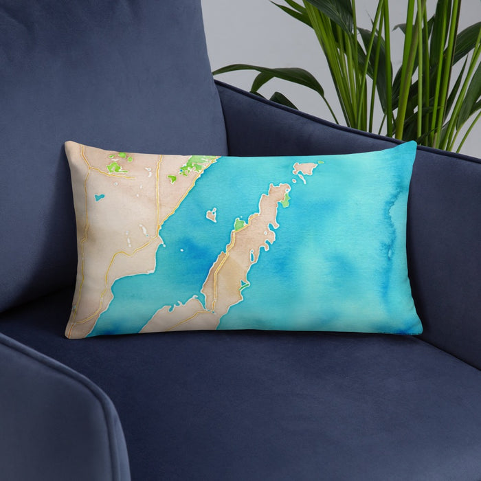 Custom Door County Wisconsin Map Throw Pillow in Watercolor on Blue Colored Chair