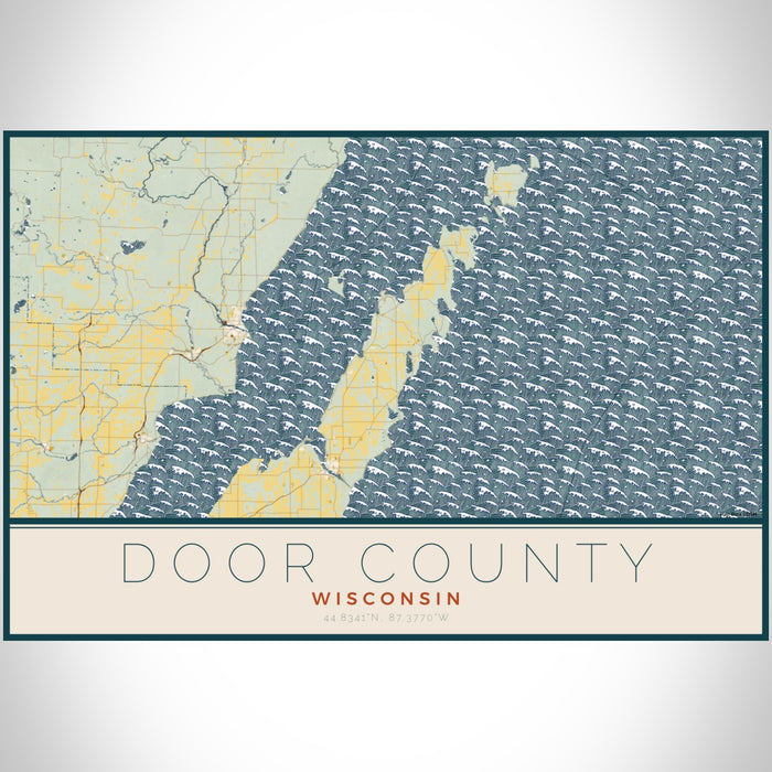 Door County Wisconsin Map Print Landscape Orientation in Woodblock Style With Shaded Background