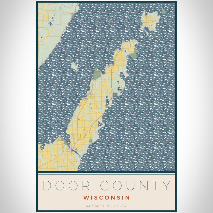 Door County Wisconsin Map Print Portrait Orientation in Woodblock Style With Shaded Background