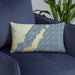 Custom Door County Wisconsin Map Throw Pillow in Woodblock on Blue Colored Chair