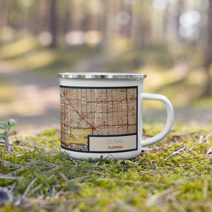 Right View Custom Doral Florida Map Enamel Mug in Woodblock on Grass With Trees in Background