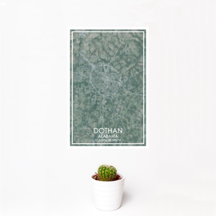 12x18 Dothan Alabama Map Print Portrait Orientation in Afternoon Style With Small Cactus Plant in White Planter