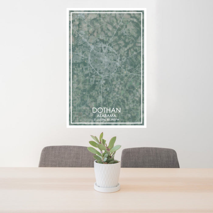 24x36 Dothan Alabama Map Print Portrait Orientation in Afternoon Style Behind 2 Chairs Table and Potted Plant