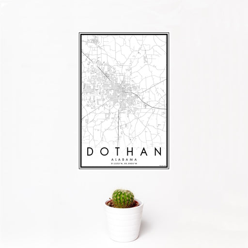 12x18 Dothan Alabama Map Print Portrait Orientation in Classic Style With Small Cactus Plant in White Planter