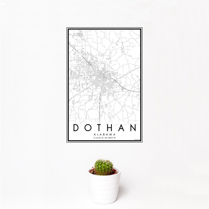 12x18 Dothan Alabama Map Print Portrait Orientation in Classic Style With Small Cactus Plant in White Planter