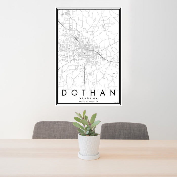 24x36 Dothan Alabama Map Print Portrait Orientation in Classic Style Behind 2 Chairs Table and Potted Plant