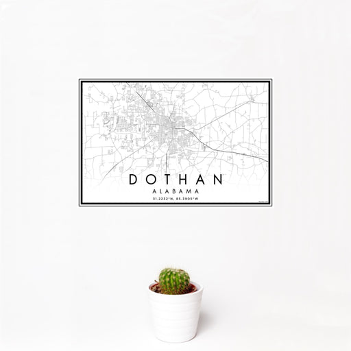 12x18 Dothan Alabama Map Print Landscape Orientation in Classic Style With Small Cactus Plant in White Planter
