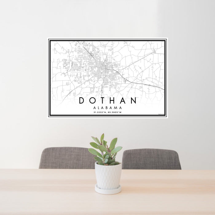 24x36 Dothan Alabama Map Print Landscape Orientation in Classic Style Behind 2 Chairs Table and Potted Plant