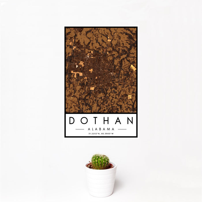 12x18 Dothan Alabama Map Print Portrait Orientation in Ember Style With Small Cactus Plant in White Planter