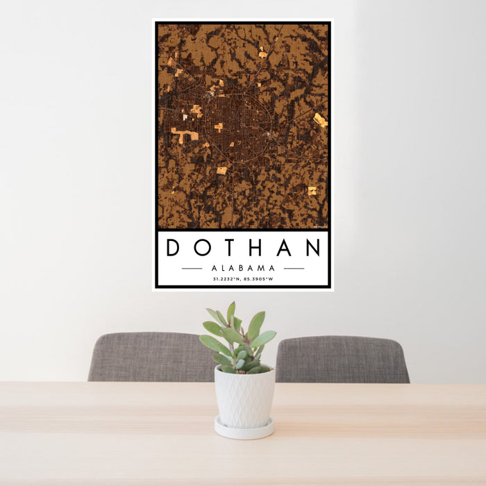 24x36 Dothan Alabama Map Print Portrait Orientation in Ember Style Behind 2 Chairs Table and Potted Plant