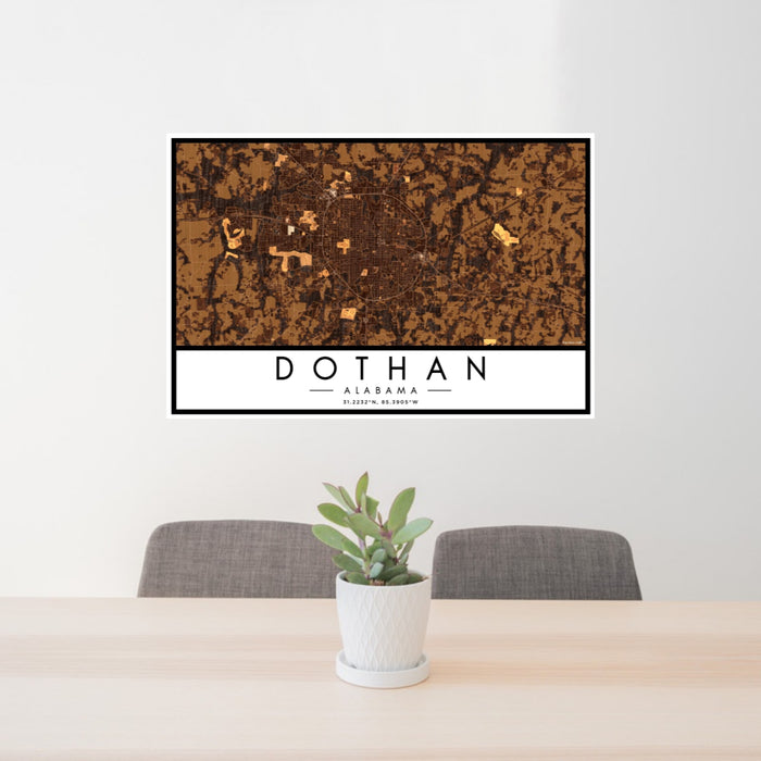 24x36 Dothan Alabama Map Print Landscape Orientation in Ember Style Behind 2 Chairs Table and Potted Plant