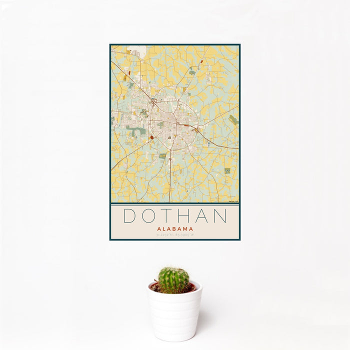 12x18 Dothan Alabama Map Print Portrait Orientation in Woodblock Style With Small Cactus Plant in White Planter