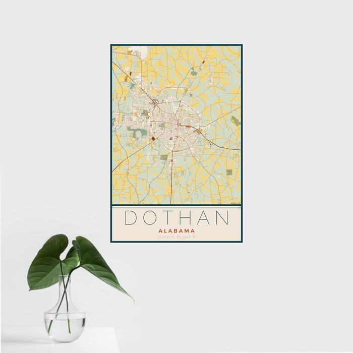 16x24 Dothan Alabama Map Print Portrait Orientation in Woodblock Style With Tropical Plant Leaves in Water