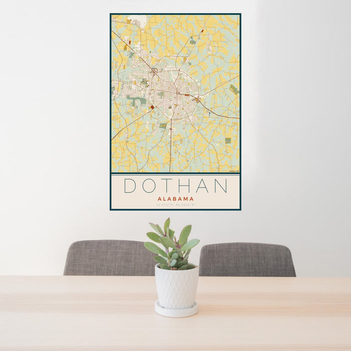 24x36 Dothan Alabama Map Print Portrait Orientation in Woodblock Style Behind 2 Chairs Table and Potted Plant